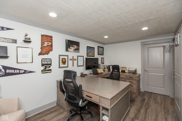 office area with baseboards, recessed lighting, dark wood-style flooring, and a textured ceiling