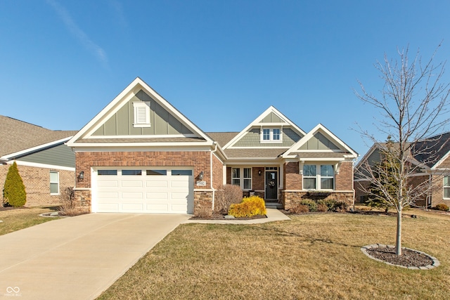 craftsman-style home with brick siding, board and batten siding, concrete driveway, and a front lawn