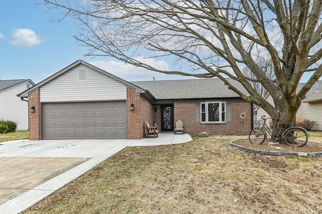 ranch-style home with a front lawn and a garage