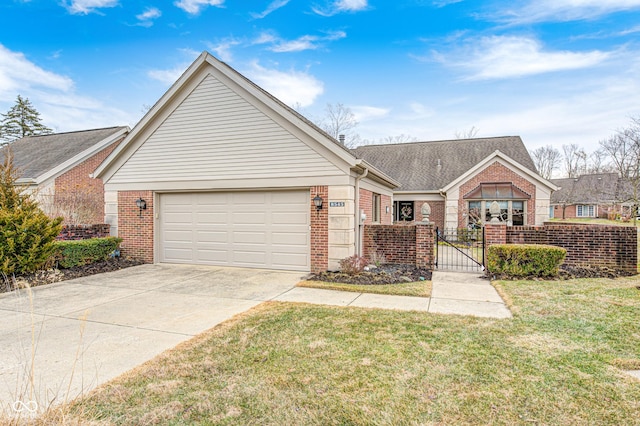 view of front of house featuring concrete driveway, an attached garage, a gate, fence, and brick siding