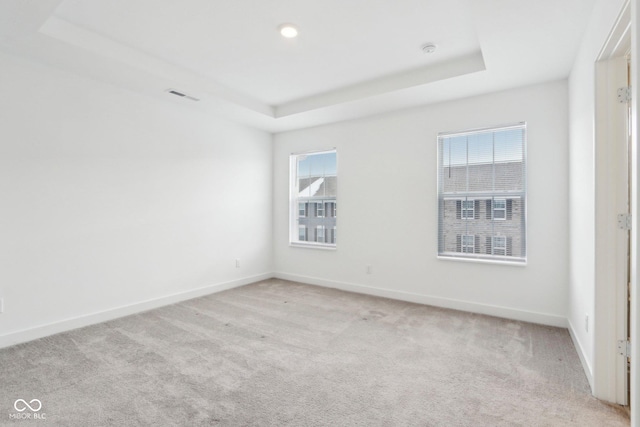 empty room featuring a tray ceiling and light carpet