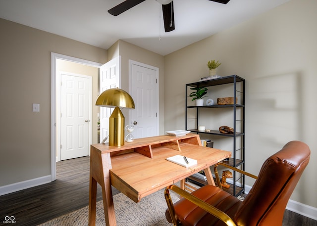 dining room featuring ceiling fan, baseboards, and dark wood-type flooring