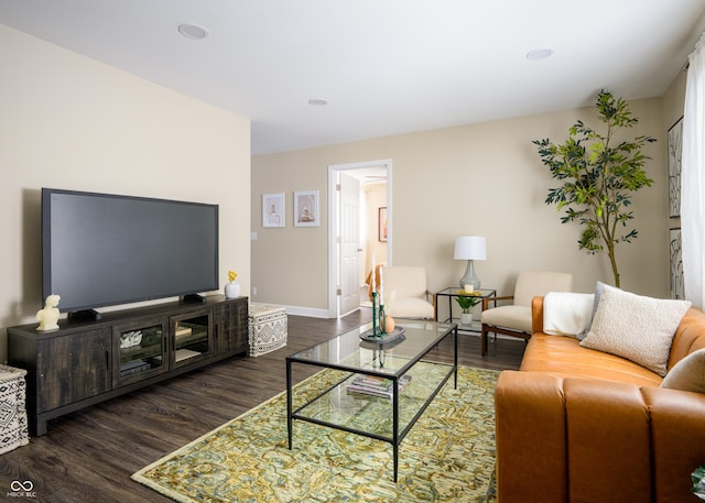 living area with dark wood-style floors and baseboards