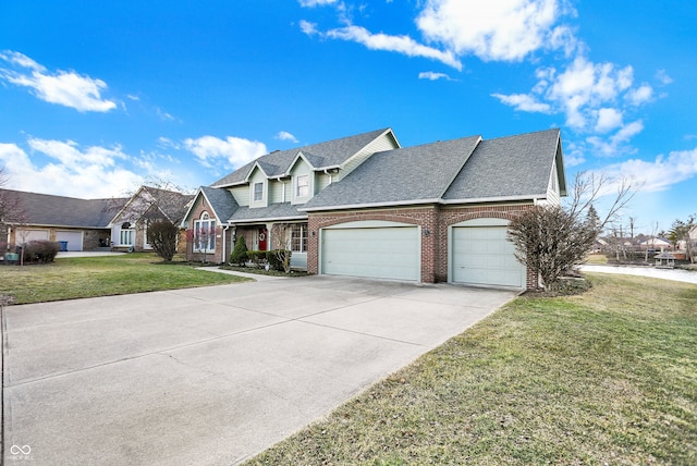 view of front facade with an attached garage, brick siding, driveway, roof with shingles, and a front yard