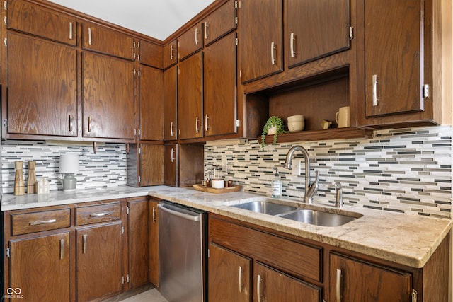 kitchen featuring stainless steel dishwasher, backsplash, open shelves, and a sink