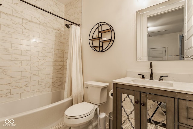 bathroom featuring vanity, toilet, and shower / bathtub combination with curtain