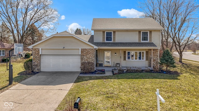 traditional-style house featuring driveway, an attached garage, a shingled roof, a front lawn, and stone siding