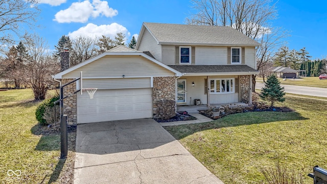 traditional-style house with a front lawn, covered porch, concrete driveway, an attached garage, and a chimney