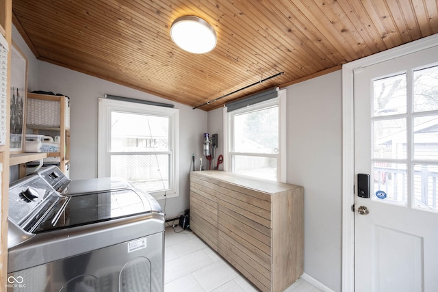 clothes washing area featuring wood ceiling and washing machine and clothes dryer