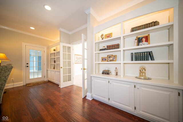 room details featuring crown molding, recessed lighting, wood finished floors, and french doors