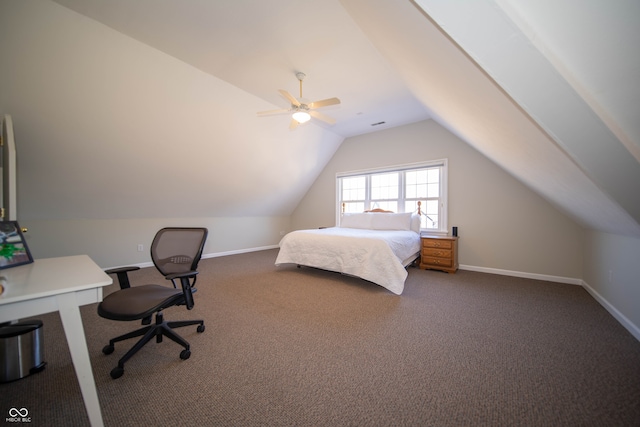 bedroom with dark colored carpet, baseboards, lofted ceiling, and a ceiling fan