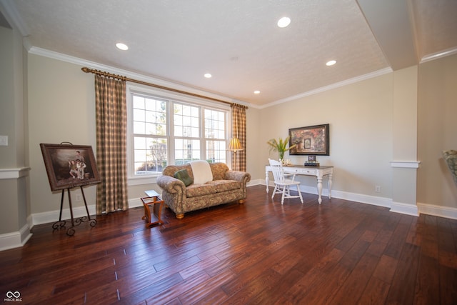 interior space featuring recessed lighting, wood finished floors, baseboards, and ornamental molding