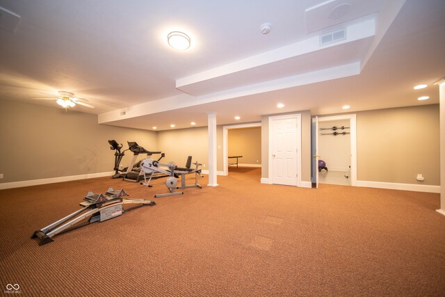 workout room with a ceiling fan, recessed lighting, baseboards, and visible vents