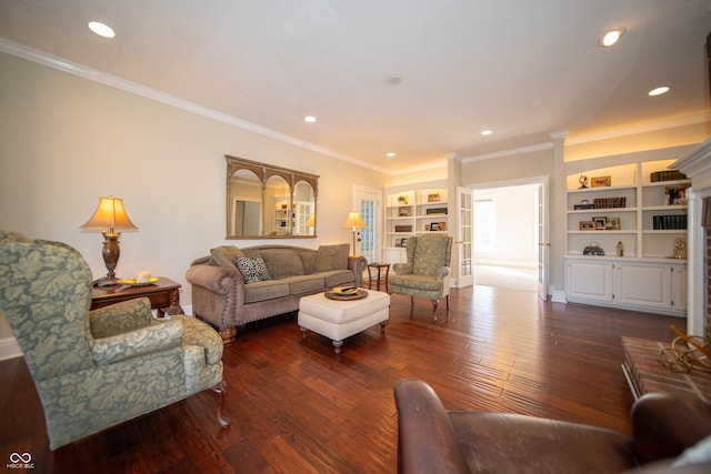 living room with recessed lighting, ornamental molding, and dark wood-style flooring