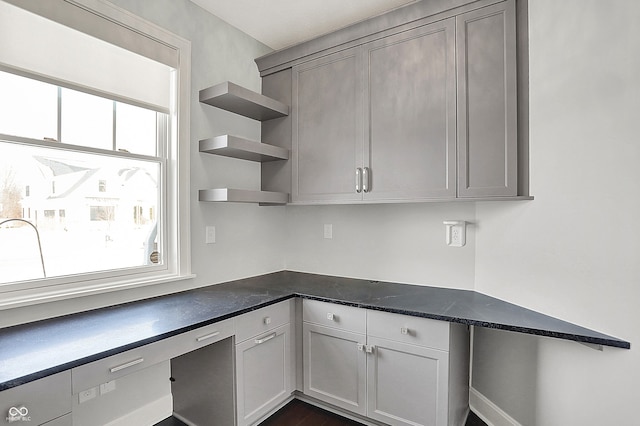 kitchen with gray cabinets and a healthy amount of sunlight