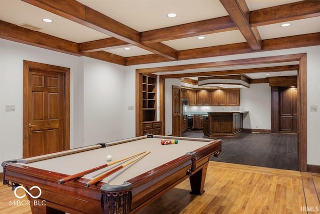 recreation room featuring coffered ceiling, beamed ceiling, and light hardwood / wood-style flooring