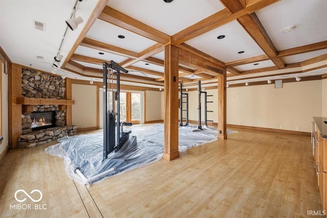 basement with light hardwood / wood-style floors, rail lighting, and a fireplace