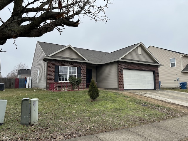 single story home featuring a front yard, a garage, and central air condition unit