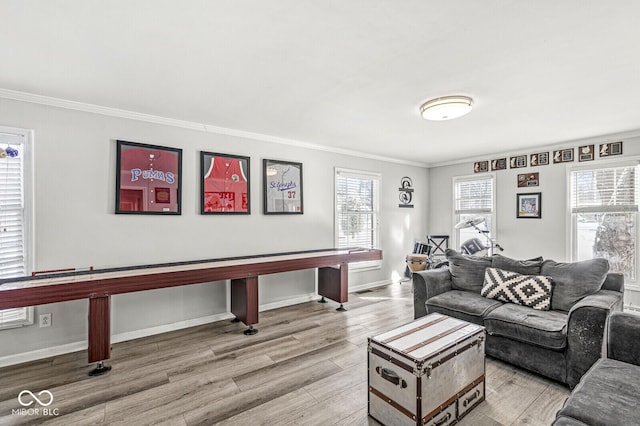 living room featuring crown molding and light hardwood / wood-style floors