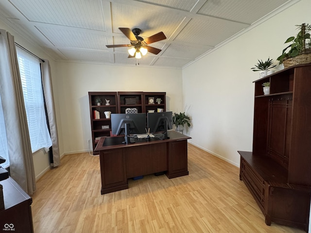 office area with ceiling fan and light hardwood / wood-style flooring