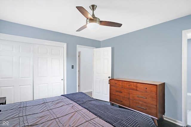 bedroom featuring a closet and ceiling fan