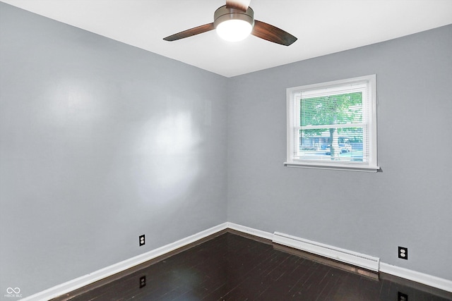 empty room with ceiling fan, wood-type flooring, and a baseboard radiator