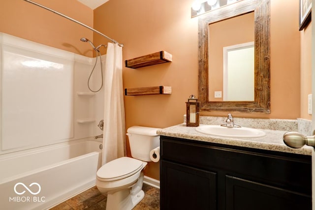 full bath with shower / bathtub combination with curtain, toilet, and vanity