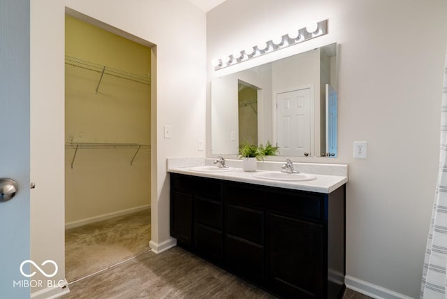 bathroom featuring double vanity, baseboards, a walk in closet, and a sink