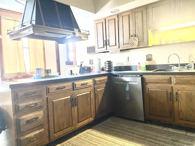 600 N Meridian St, Brazil, IN 47834 - kitchen featuring dishwasher, a sink, dark countertops, and ventilation hood