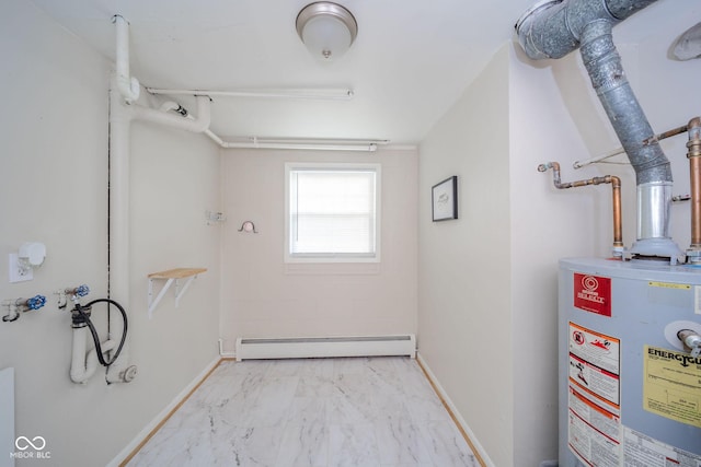 interior space featuring a baseboard heating unit and gas water heater