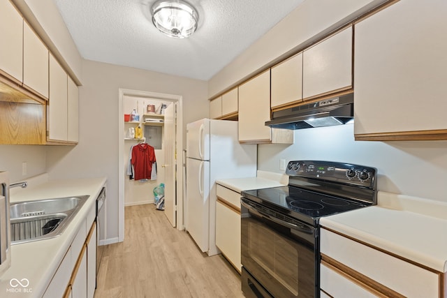 kitchen featuring electric range, light hardwood / wood-style flooring, sink, stainless steel dishwasher, and a textured ceiling