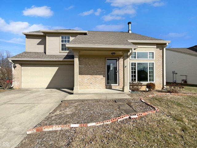 view of front facade featuring driveway, roof with shingles, and brick siding