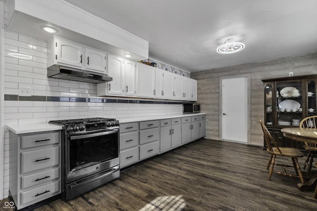 kitchen featuring dark wood-style floors, under cabinet range hood, light countertops, appliances with stainless steel finishes, and white cabinetry