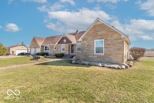 view of front of house featuring stone siding, a chimney, and a front lawn