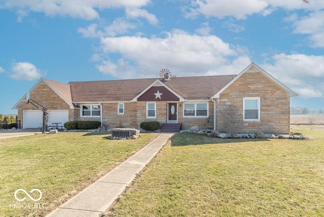 single story home featuring driveway, stone siding, a front lawn, and central AC