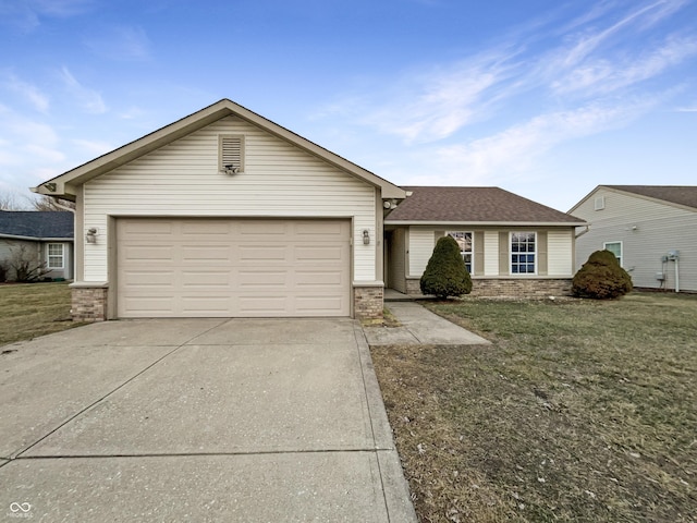 single story home featuring a front lawn and a garage