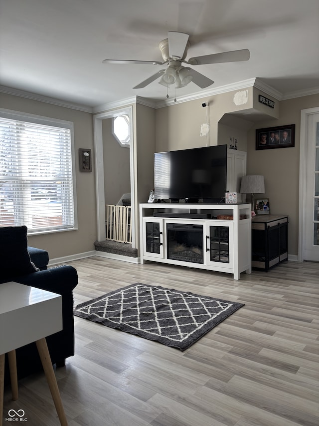 living room with a ceiling fan, light wood-style flooring, baseboards, and crown molding