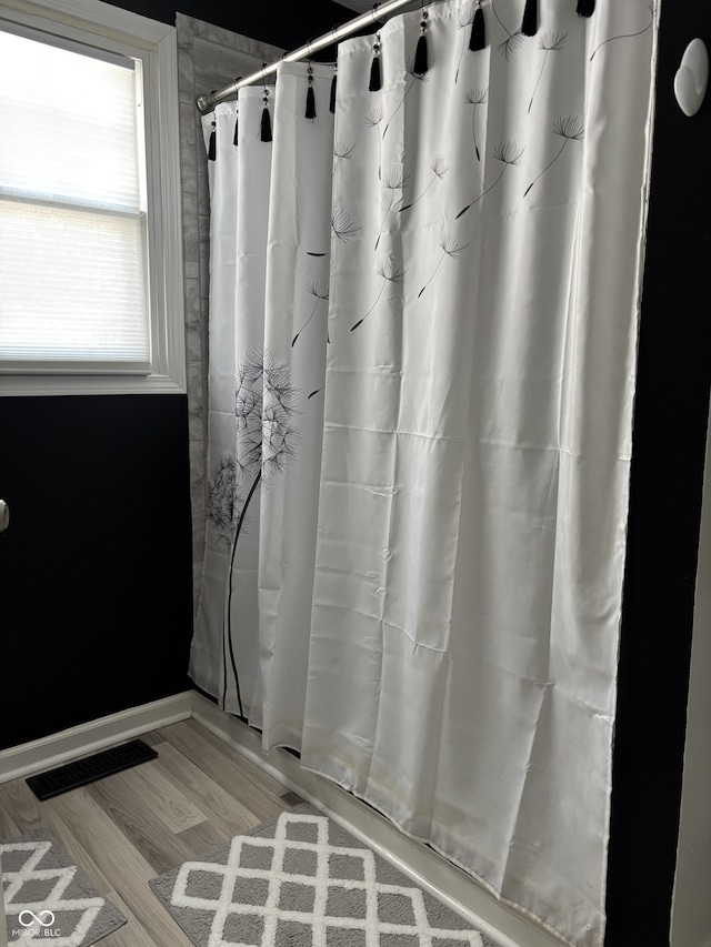 bathroom featuring visible vents, baseboards, and wood finished floors