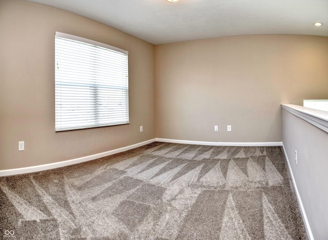 unfurnished room featuring recessed lighting, carpet flooring, and baseboards