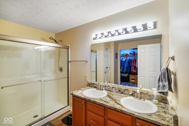 bathroom featuring a spacious closet, a stall shower, and a sink