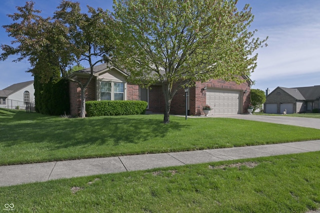 view of front of home with a front lawn, fence, brick siding, concrete driveway, and an attached garage