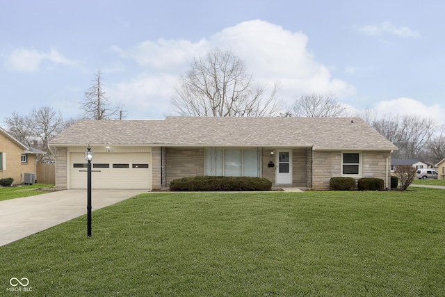 ranch-style house featuring central AC unit, an attached garage, driveway, stone siding, and a front lawn