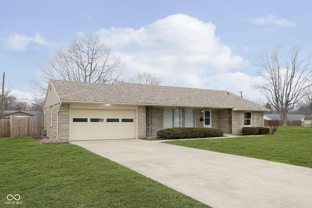 single story home featuring a front yard, stone siding, roof with shingles, and an attached garage