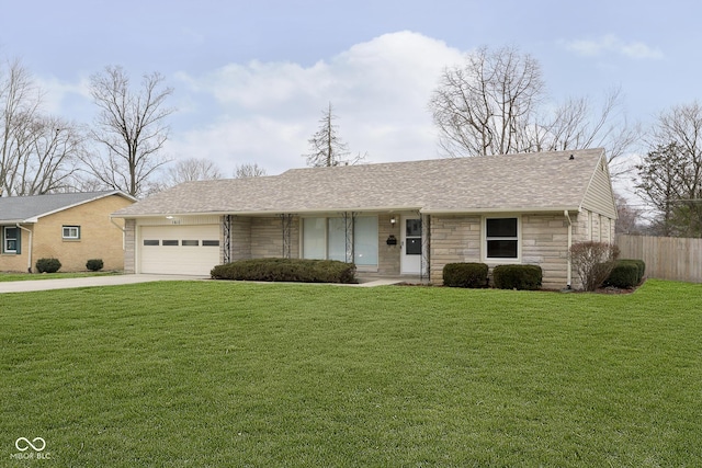 ranch-style house featuring a front yard, stone siding, driveway, and an attached garage