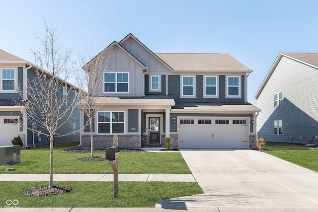 craftsman inspired home with an attached garage, brick siding, concrete driveway, a front lawn, and board and batten siding