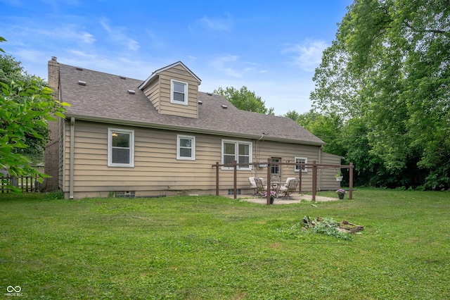 6865 Meadow View Dr, Lawrence, IN 46226 - back of house featuring a shingled roof, a patio, a yard, and a chimney