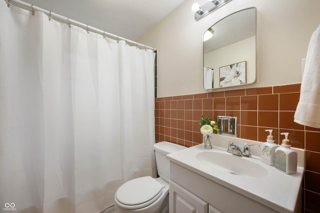 6865 Meadow View Dr, Lawrence, IN 46226 - full bath with vanity, tile walls, a shower with shower curtain, and a wainscoted wall