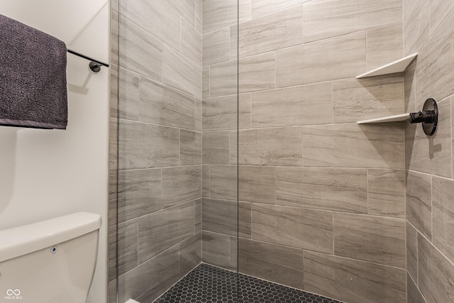 bathroom with a tile shower and toilet