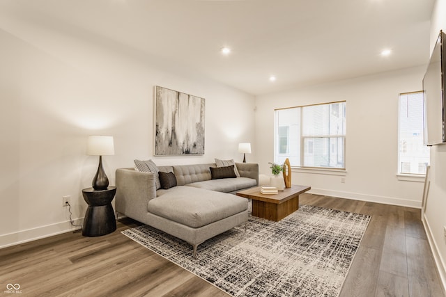 living area with recessed lighting, baseboards, and wood finished floors