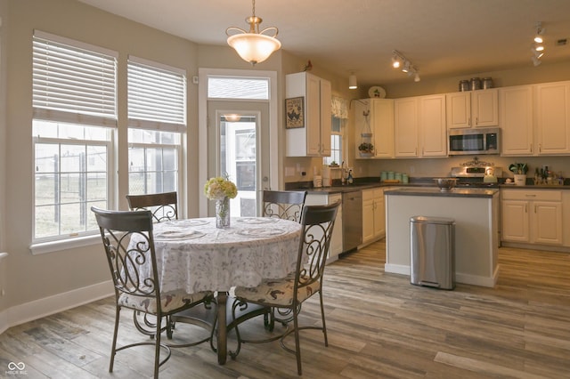 dining space featuring baseboards and light wood-style floors